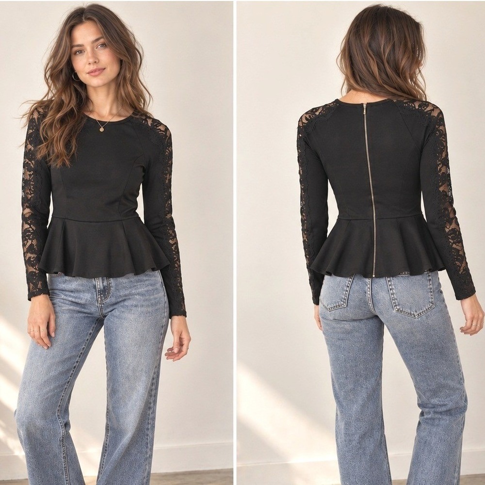 Y2K Black Gothic Peplum Top Size S Lace Sleeve Fairy Grunge Witchy Indie Sleaze